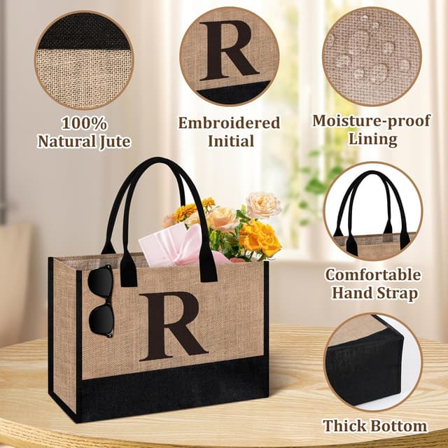 Detalle de Initial Jute Tote Bag & Makeup Bag gift set for women