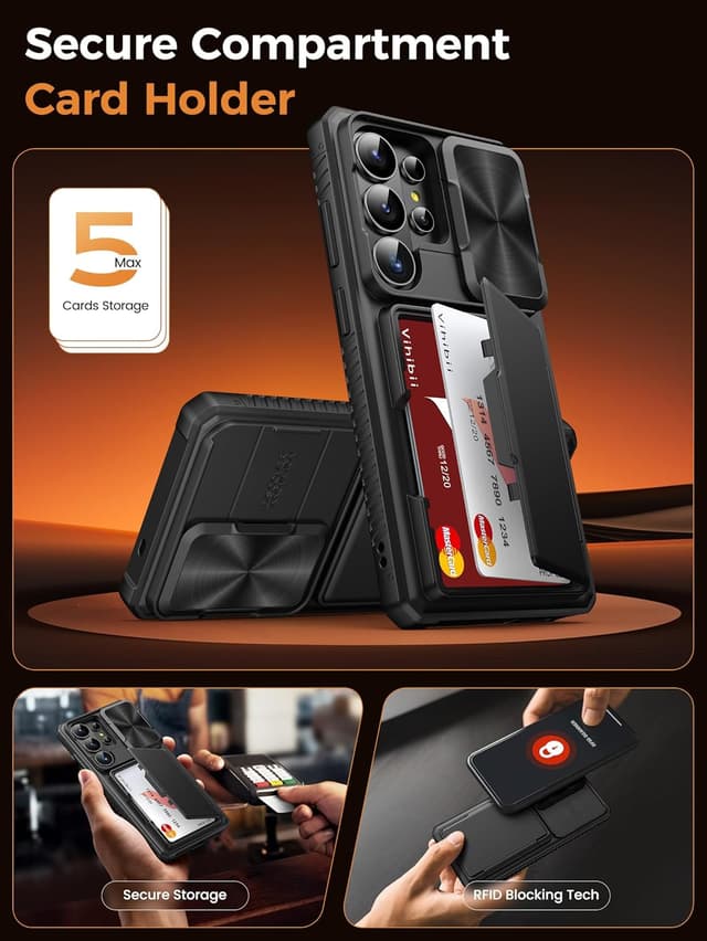 Detalle de Vihibii for Samsung Galaxy S26 Ultra 6.9" Case Wallet with Card Holder (up to 4 cards) – Slide Camera Cover, Military-Grade Drop Protection, Black