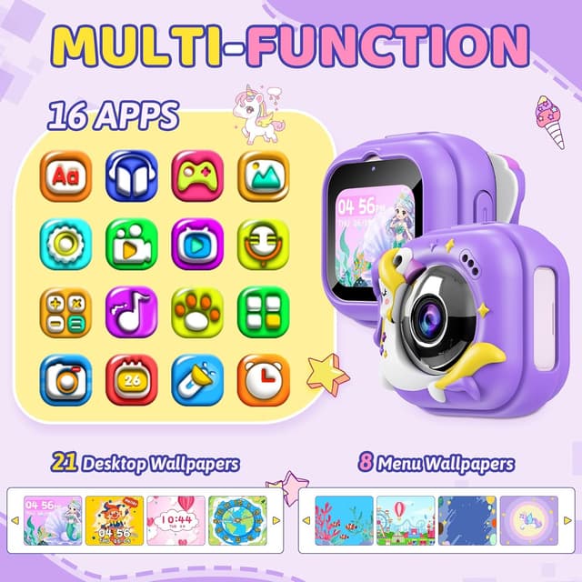 Detalle 2 de Kids smart camera toy with dual cameras, 1.8-inch touchscreen and learning games (Purple) for ages 3-12