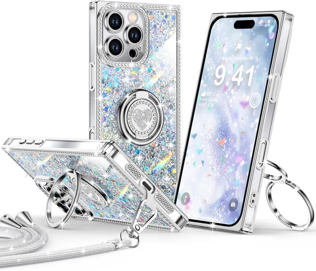 Thumbnail 6 de XYZ Glitter Bling Case for iPhone 15 (6.1-inch) with 2-Ring Heart Stand & Lanyard, Pink