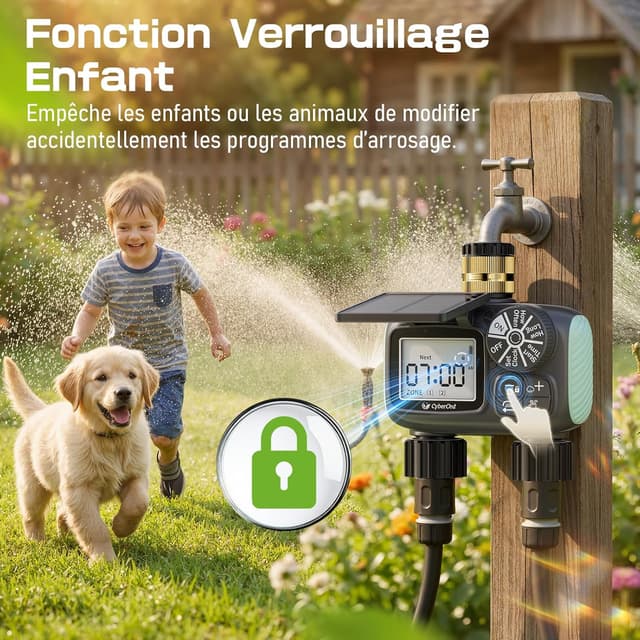 Thumbnail 6 de Programmateur d’arrosage solaire CyberOrd 2 zones avec minuterie, modes auto/manuel et délai de pluie