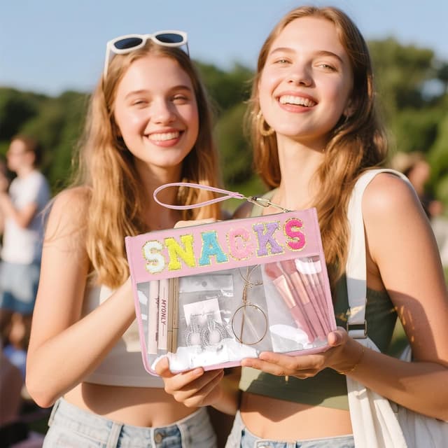 Detalle 2 de Siwara Clear Snack Bags Travel Makeup Bag with Glitter Chenille Letter Patches (Water-Resistant Nylon & PVC)