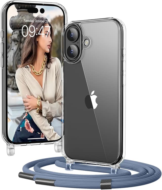 Detalle de Custodia OLEPHY per iPhone 17 con cordino regolabile, trasparente antiurto e anti-graffio (blu)