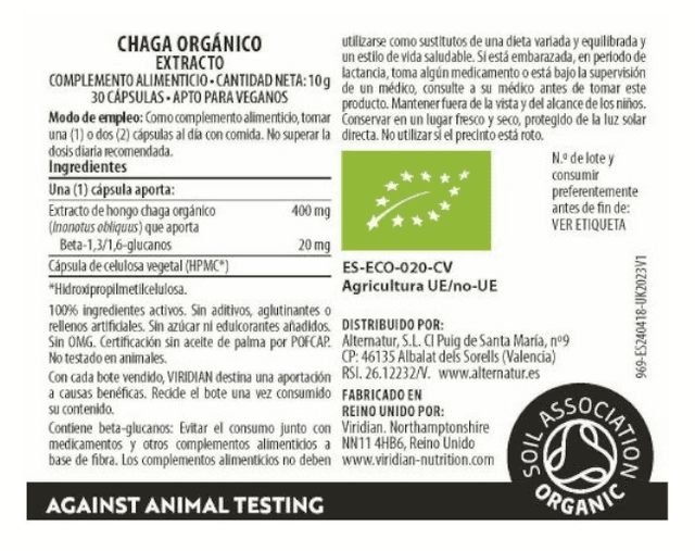 Detalle 2 de Viridian Chaga Orgánico 30 cápsulas