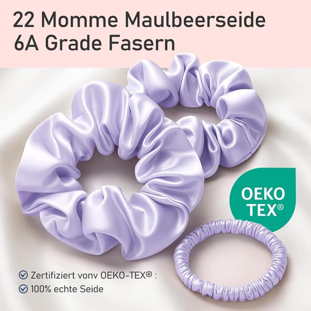 Detalle de LitBear Seiden Scrunchies 3er Set – Haargummis aus 100% Maulbeerseide in 3 Größen
