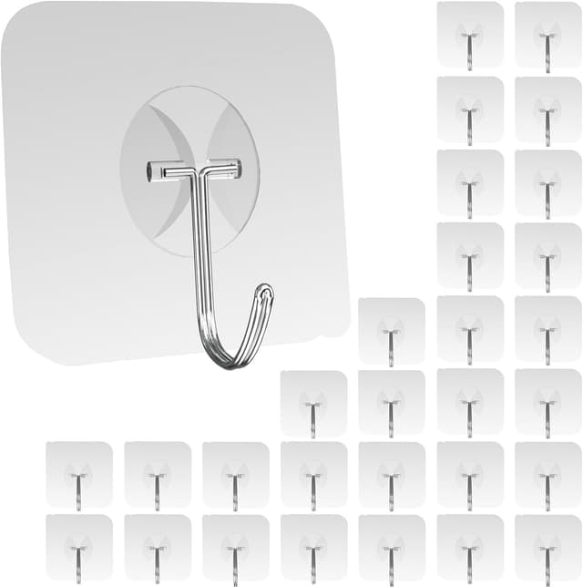 Detalle de Latoxcaa Heavy Duty Adhesive Wall Hooks (Transparent) – Hold up to 22lb, Waterproof, Reusable (30 pack)