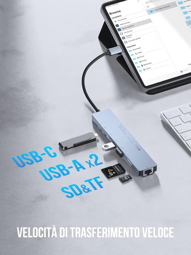 Detalle 2 de Lemorele Hub USB-C Gigabit Ethernet 8 in 1 con HDMI 4K e PD 100W (dock per Windows, Mac, Android, iOS, Linux)