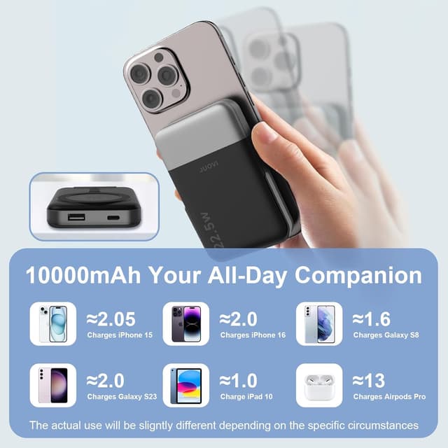 Detalle de JUOVI Batterie Externe Magnétique 10000 mAh sans fil 22,5 W avec écran LED et double support