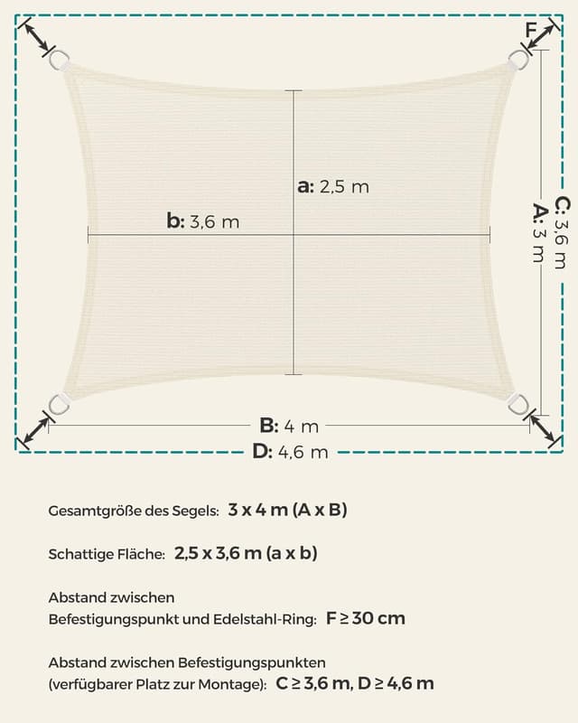 Detalle 1 de SONGMICS Sonnensegel 3 x 4 m für Schatten
