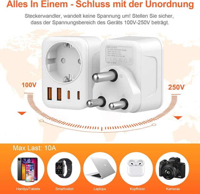 Detalle 2 de Denlane 5‑in‑1 Reiseadapter Südafrika mit USB‑C & USB‑A 🪫