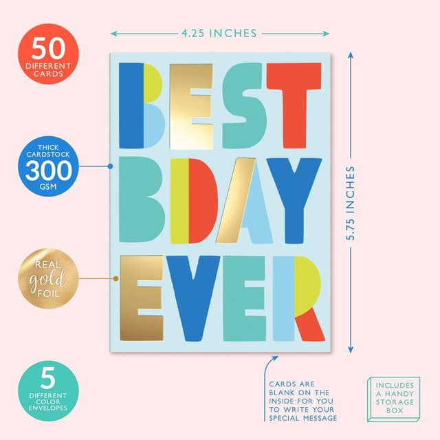 Detalle 2 de S&O Happy Birthday Cards 50 pack 📬