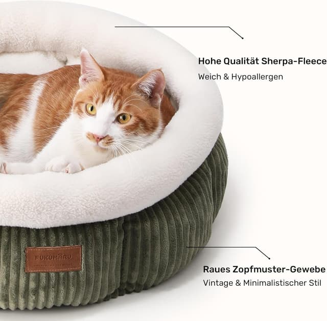 Detalle de FUKUMARU Katzenbett waschbar 48 x 48 x 20 cm – Plüsch-Katzenkorb mit erhöhtem Rand, grün