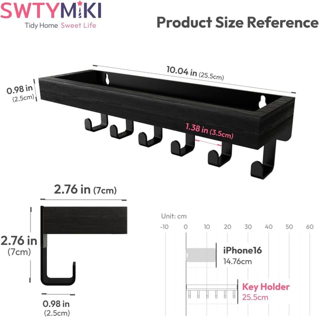 Detalle de SWTYMIKI Key Holder with Wood Tray and 6 Hooks