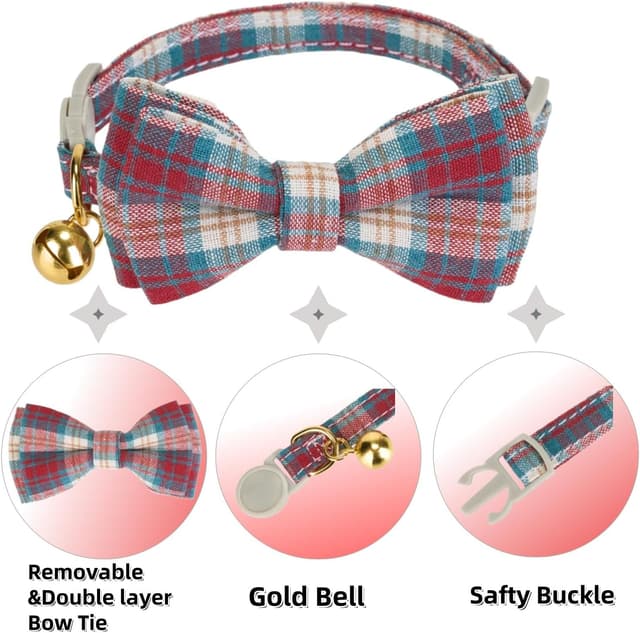 Detalle de YUDOTE 2 Pack Plaid Pet Collar (Red & Beige) with Bow Tie & Bell – Adjustable Fabric Collar for Small Cats