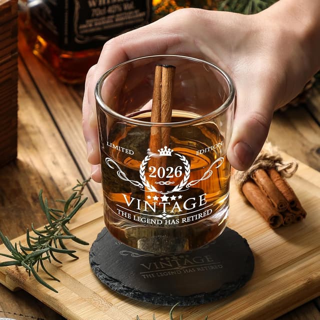 Detalle de Retirement Gift for Men Whiskey Glass Set (2026 The Legend Has Retired) — Wooden Box, Slate Coaster, Granite Stones