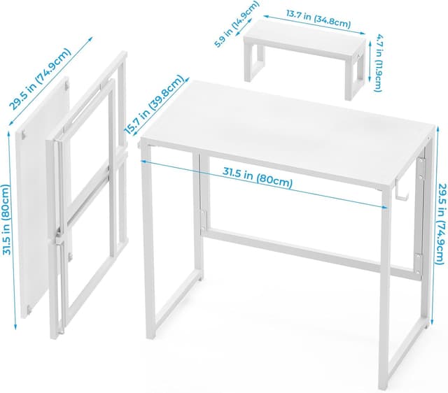 Detalle de GreenForest Folding Desk with Monitor Shelf (80cm) — white, small foldable computer desk for home office