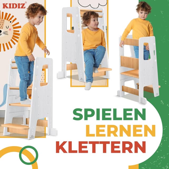 Detalle de KIDIZ® Lernturm für Kinder ab 1 Jahr inkl. Lernuhr – höhenverstellbarer Tritthocker aus Kiefernholz bis 50 kg