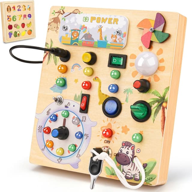 Detalle de MILFECH Montessori Busy Board aus Massivholz – Aktivitätsbrett mit 10 Schaltern und 17 LEDs