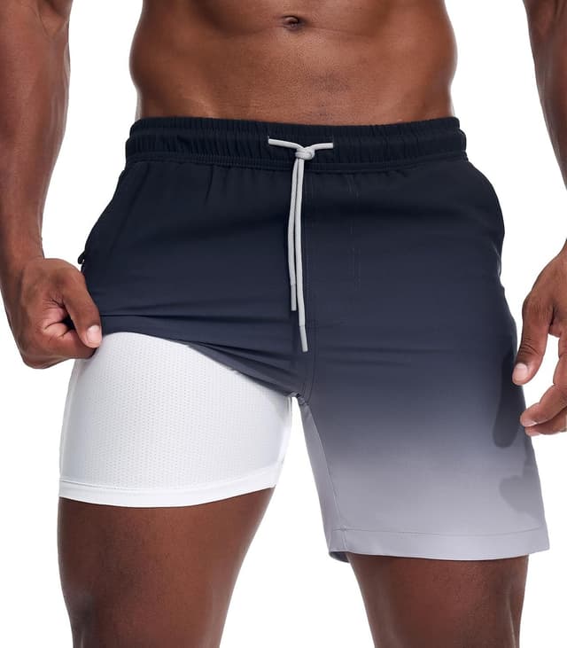 Detalle de Danfiki men’s 2 in 1 swimming shorts with mesh compression liner, zipper pockets and gradient quick-dry