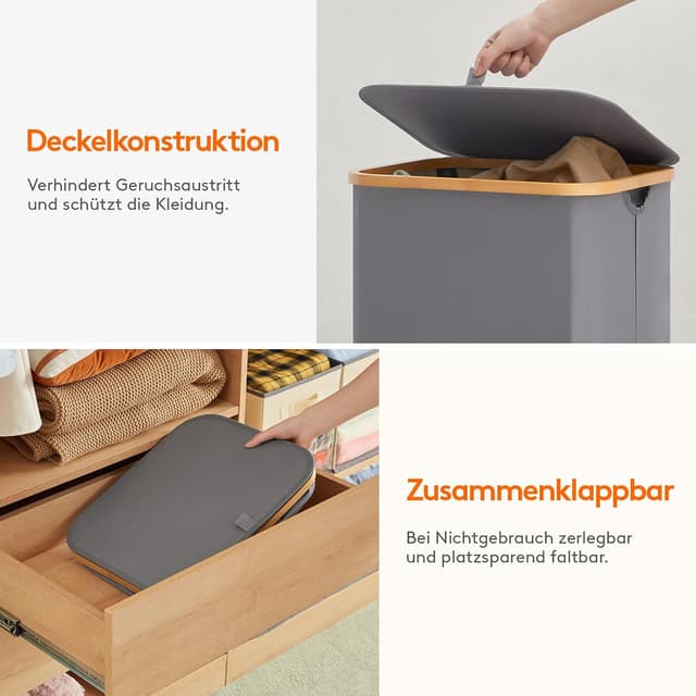 Thumbnail 6 de Lifewit 100L Wäschekorb mit Deckel und abnehmbarem Wäschesack (Bambusgriffe), grau