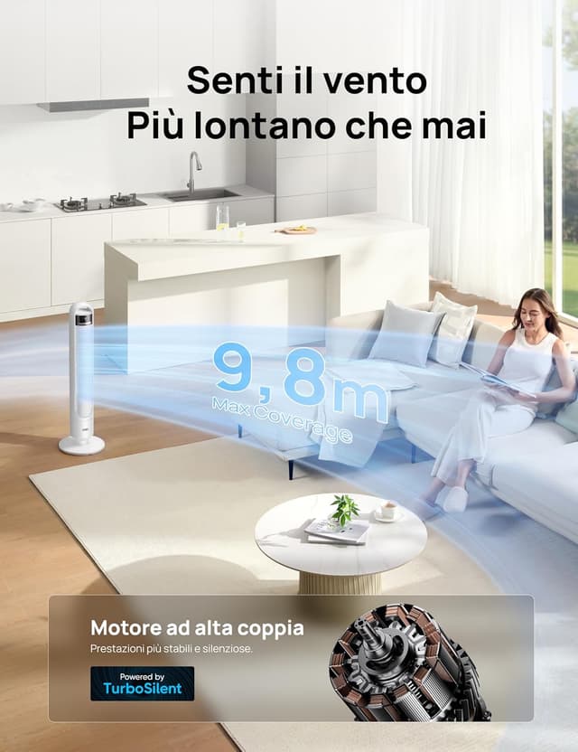 Detalle de DREO ventilatore a torre smart per camera da letto 28 dB, 4 velocità, 3 modalità, controllo app e oscillazione 90°