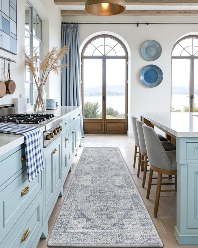 Detalle 2 de DEXI Kitchen Floor Mats Anti-Fatigue Runner (23x86) Waterproof Cushioned Vintage Rug, Light Grey and Blue