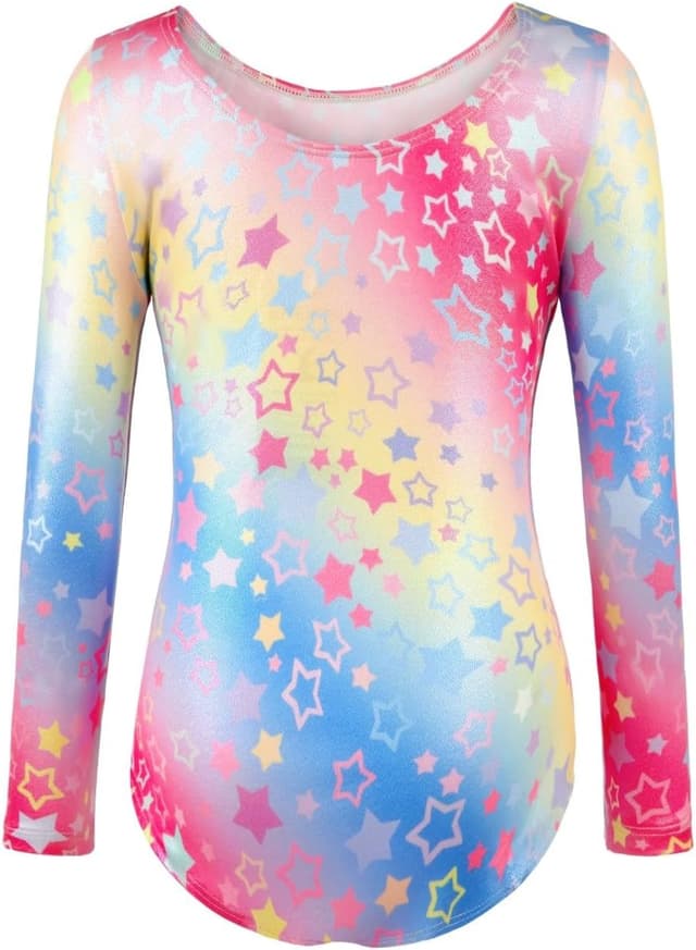 Detalle de Girls’ Gymnastics Leotard Set with Sparkling Gradient Design (Three-Piece Long Sleeve + Shorts + Hairband)