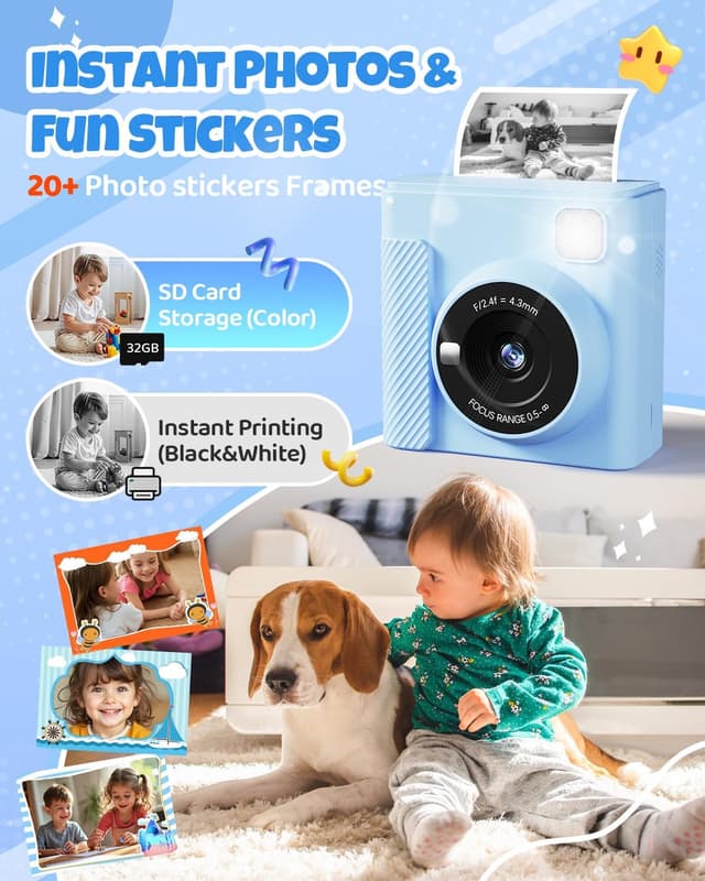 Detalle de TIATUA Kids Instant Print Camera (Blue) — 1080P HD Video, 32GB Card, Print Paper & Fun Accessories