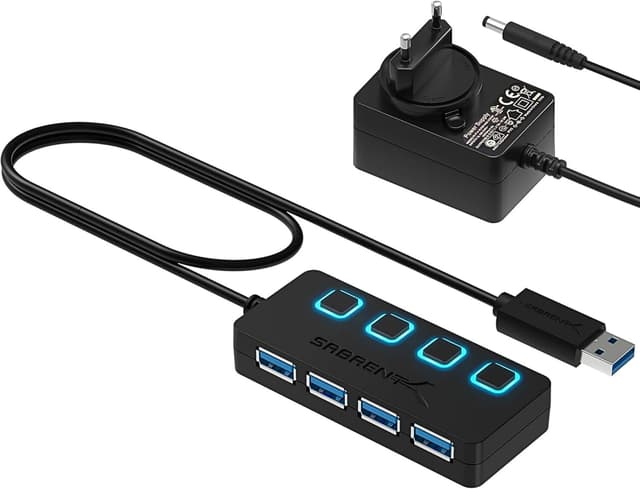 Detalle de SABRENT Hub USB alimenté 4 ports USB 3.0 ultra-rapide 5 Gbps (HB-UMP3) avec interrupteurs et voyants