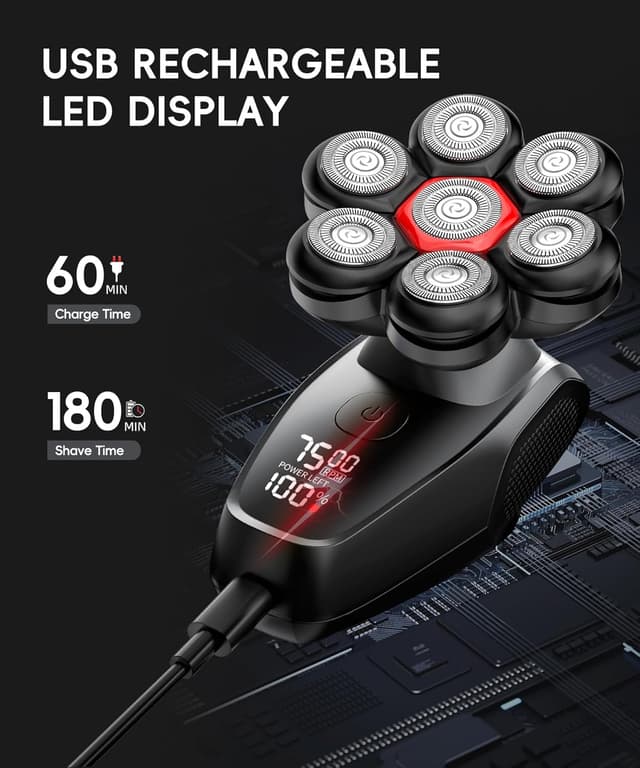 Detalle 2 de MALEGEBAZ 5-in-1 7D Rotary Electric Head Shaver Kit for Bald Men (IPX8 Wet/Dry)