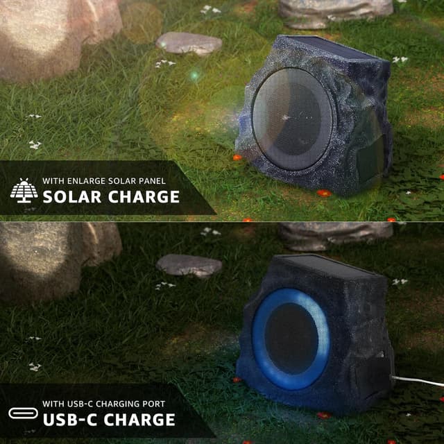 Detalle 2 de uuffoo 2-Pack Solar Powered Rock Speakers for Outdoor Patios (IP44, RGB lights)