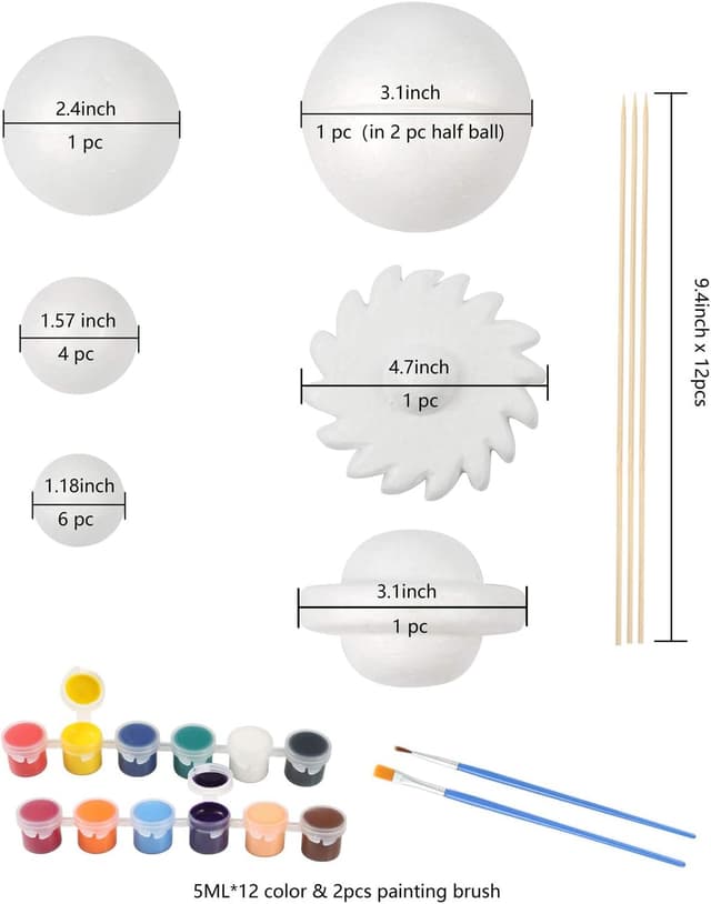 Detalle 2 de Pllieay Solar System Model Foam Ball Kit (14 Foam Balls, Bamboo Sticks, Color Pigments, Brushes)