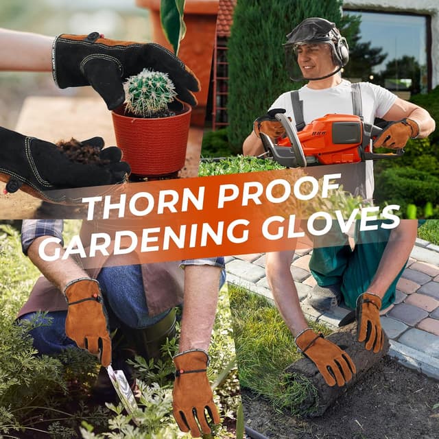 Detalle de HANDLANDY Cowhide Leather Work Gloves (Leather Work Gloves Thorn Proof) for TIG/MIG Welding, Woodworking & Gardening – Black-Camel, L