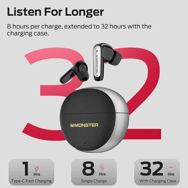 Detalle de Monster N-Lite 310 True Wireless Earbuds (Bluetooth 6.0) with ENC Mic and 32H Playback