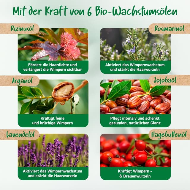 Detalle 2 de BIO Wimpernserum (100% natürlich, hormonfrei) mit 6 BIO Ölen – Lash Wachstumsserum gegen Wimpernausfall