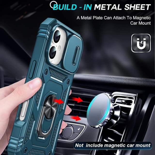 Detalle de LeYi iPhone 16 case with sliding camera cover, ring stand & 2-pack tempered glass (blue) – shockproof protection