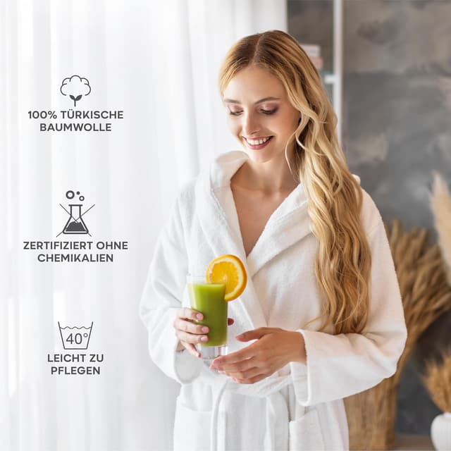 Detalle de Twinzen Damen-Bademantel mit Kapuze aus 100% Baumwolle (OEKO‑TEX®), XS–XL