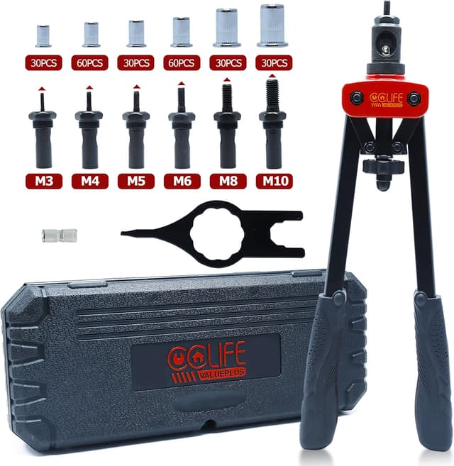 Detalle de CCLIFE Rivettatrice professionale manuale con doppia impugnatura ergonomica e 240 dadi per rivetti (M3–M10)