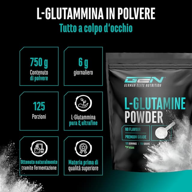 Detalle de L-Glutammina in polvere 750 g Premium (100% L-Glutammina micronizzata, senza aromi, vegan)