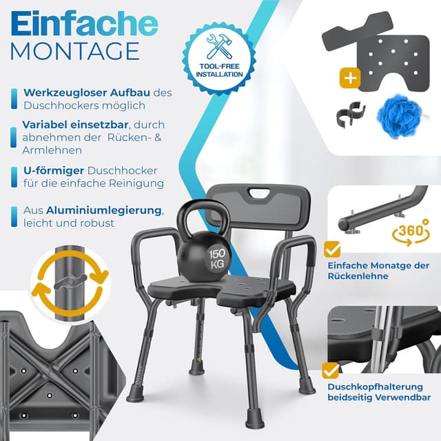 Detalle de KESSER® Duschhocker mit Lehne – höhenverstellbarer Duschsitz für Senioren & Schwangere, 150 kg belastbar