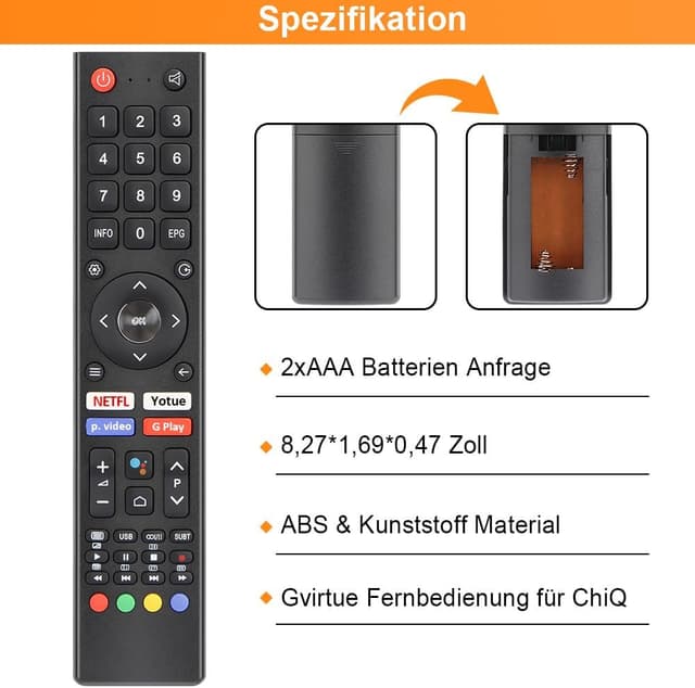 Detalle de Gvirtue Ersatz-Fernbedienung für Changhong UHD TVs (u. a. U43H7A, U43H7S, U55H7S) – ohne Programmierung