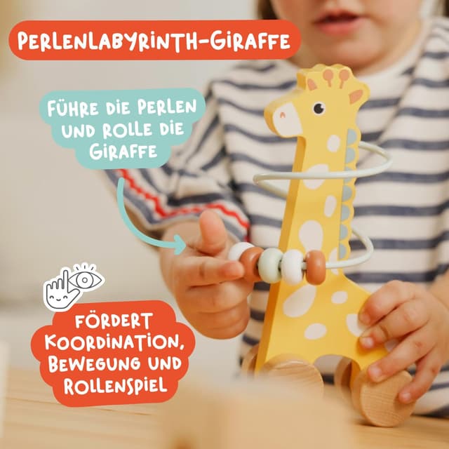 Detalle 2 de Nene Toys Montessori Holzspielzeug 4-in-1 Set ab 1 Jahr (Klangbausteine, Regenmacher, Stapelturm & Giraffen-Labyrinth)
