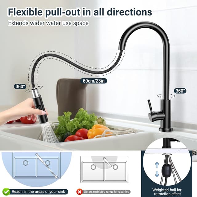 Detalle 2 de Schwarz Küchenarmatur 360° drehbar mit Brause 🚰