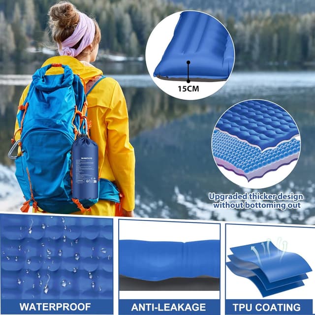 Detalle 2 de Isomatte Camping mit Fußpumpe, integrierten Kissen und 12 cm Aufbauhöhe