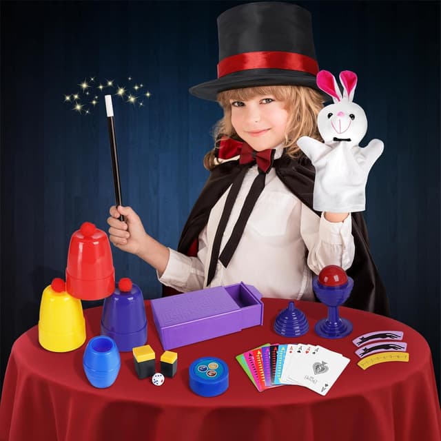 Detalle de DINORUN Kinder Zauberkasten mit Zauberstab & Zauberhut – Zaubertricks für Kinder ab 6 Jahren