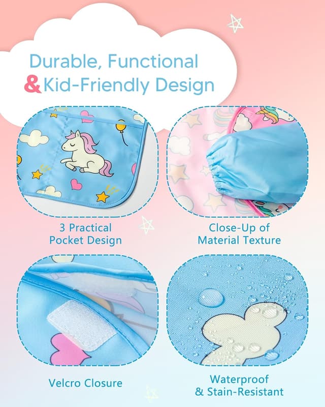 Detalle 2 de Oiomniv Kinder Malschürze (2er-Set) – wasserdichte Malkittel mit langen Ärmeln und 3 Taschen