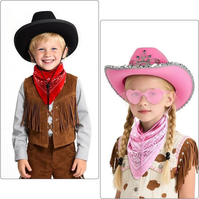 Detalle de AUYAO Kinder-Cowboyhut-Set mit Westernhut, Sonnenbrille und Bandana (Western, Rockstar, Hippie-Style)