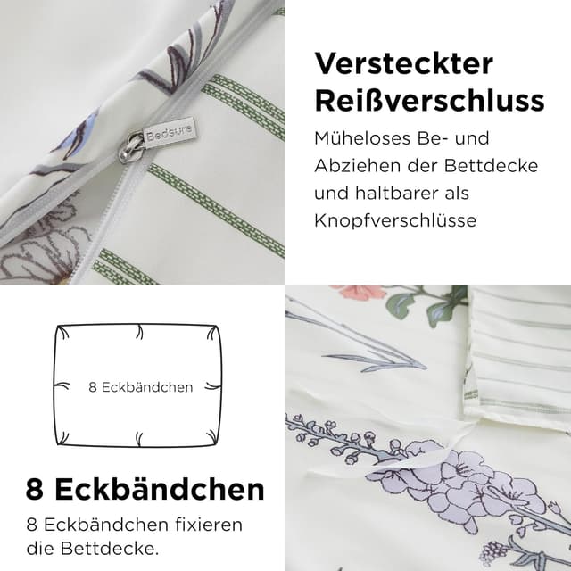 Detalle de BEDSURE Wendebettwäsche 135x200 cm (4-teilig) mit Blumen-/Streifenmuster & Reißverschluss