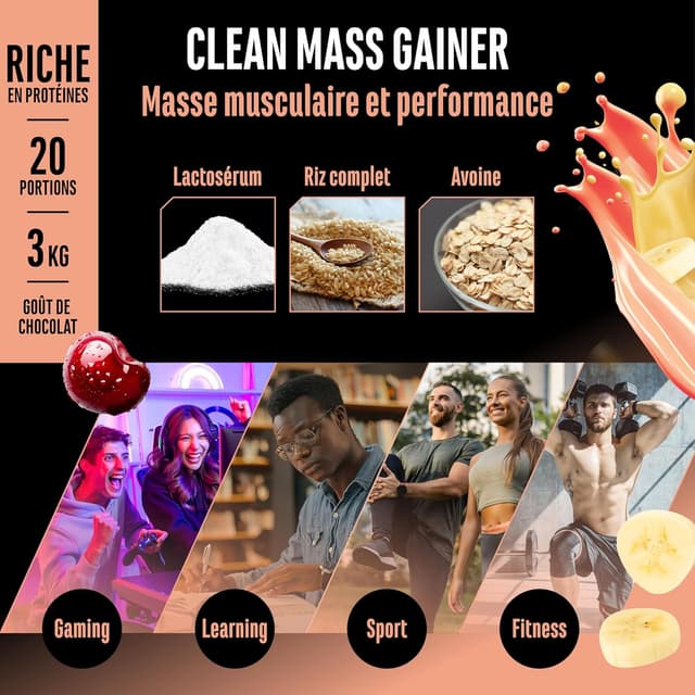 Detalle de GEN German Elite Nutrition Clean Weight Gainer – 3 kg, cherrry & banana, prise de masse (végétarien)