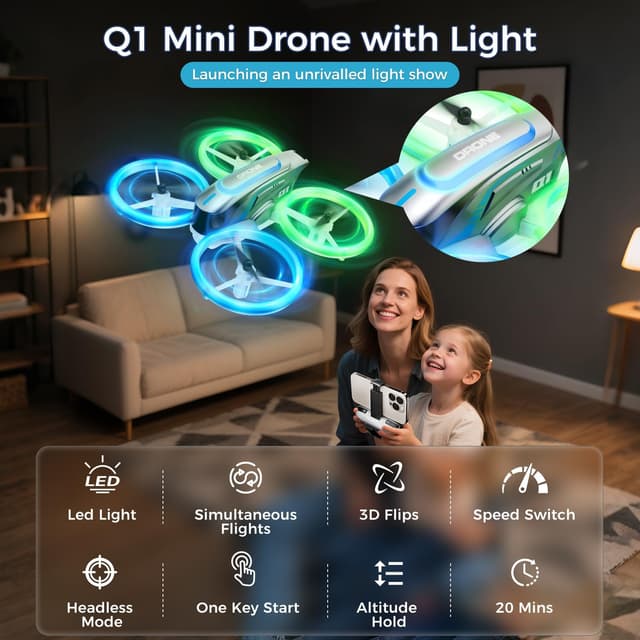 Detalle 2 de Q1 Mini Drone with Camera 4K (for Kids 8–12) – RC Quadcopter with LEDs, Headless Mode & 3D Flips, Grey